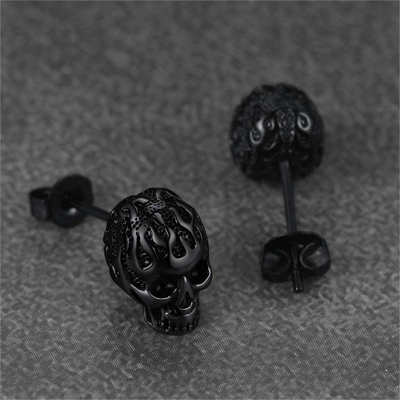 Gothic Flaming Skull Stud Earrings For Men