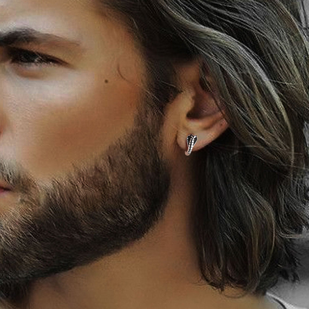 Sterling Silver Cobra Snake Huggie Hoop Earrings for Men