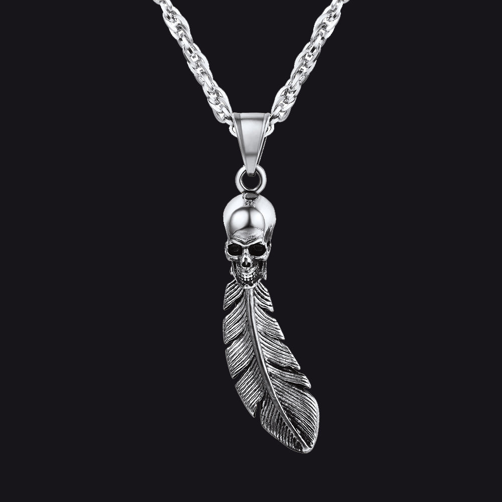 Gothic Stainless Steel Skull Feather Necklace