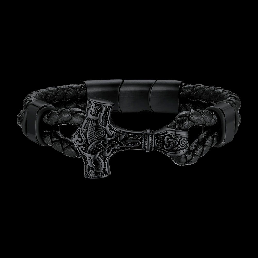 Viking Black Engraved Leather Braided Wristband Bracelet for Men