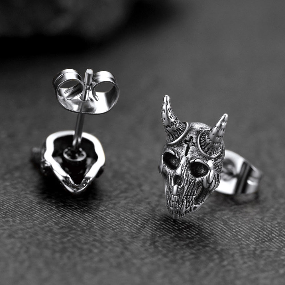 Satanic Goat Skull Stud Earrings For Men