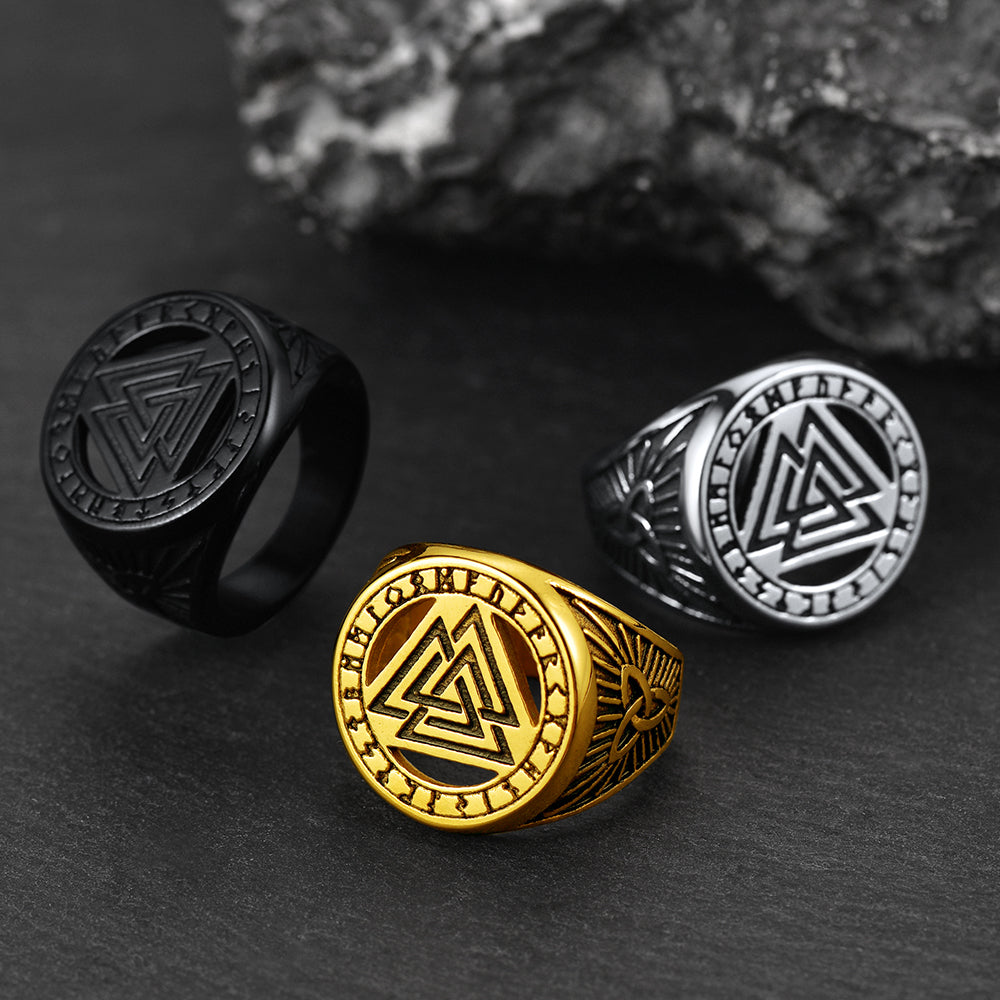 Viking Rune Valknut Signet Ring With Celtic Knot