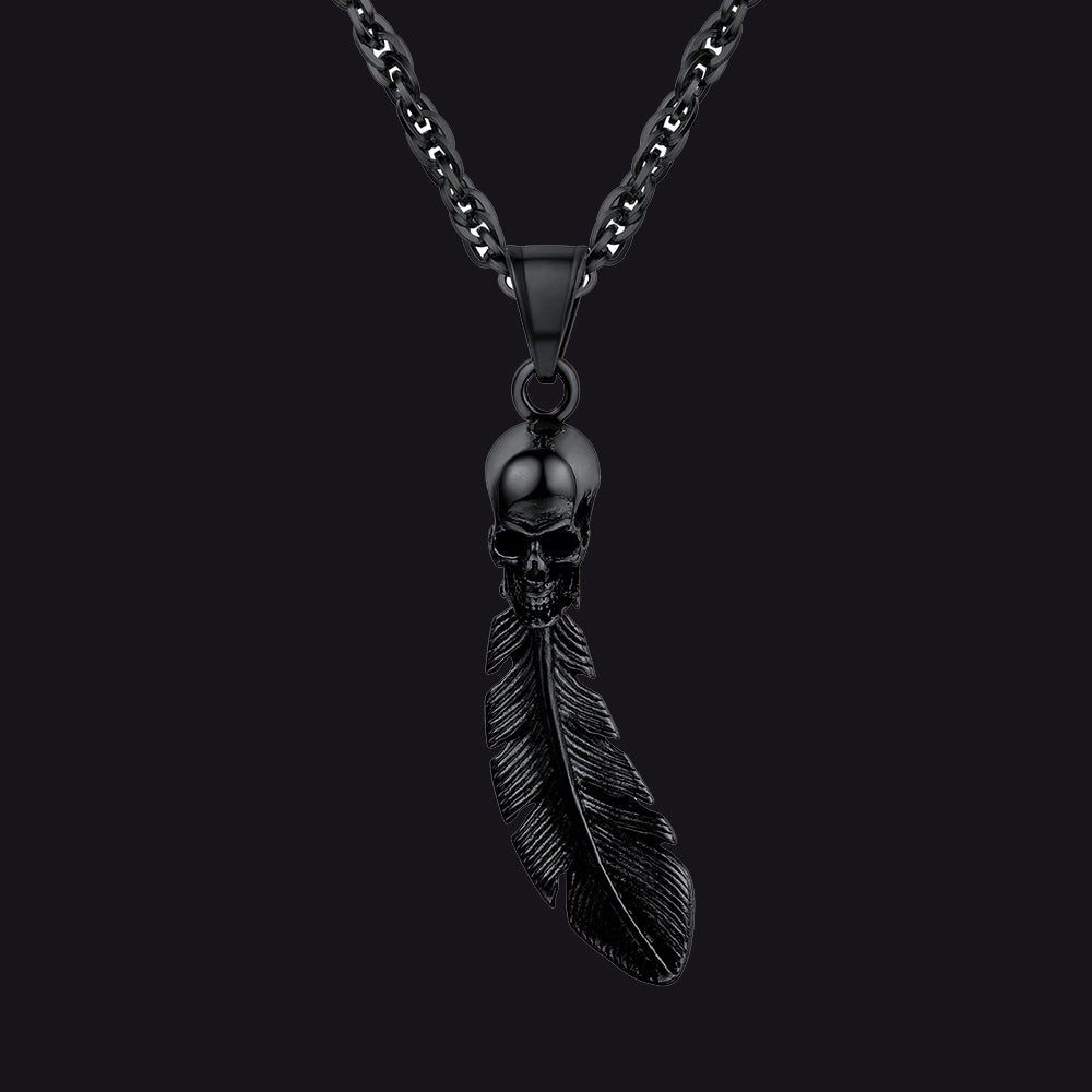 Gothic Stainless Steel Skull Feather Necklace