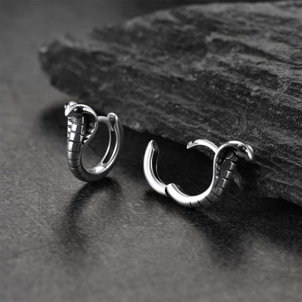 Sterling Silver Cobra Snake Huggie Hoop Earrings for Men