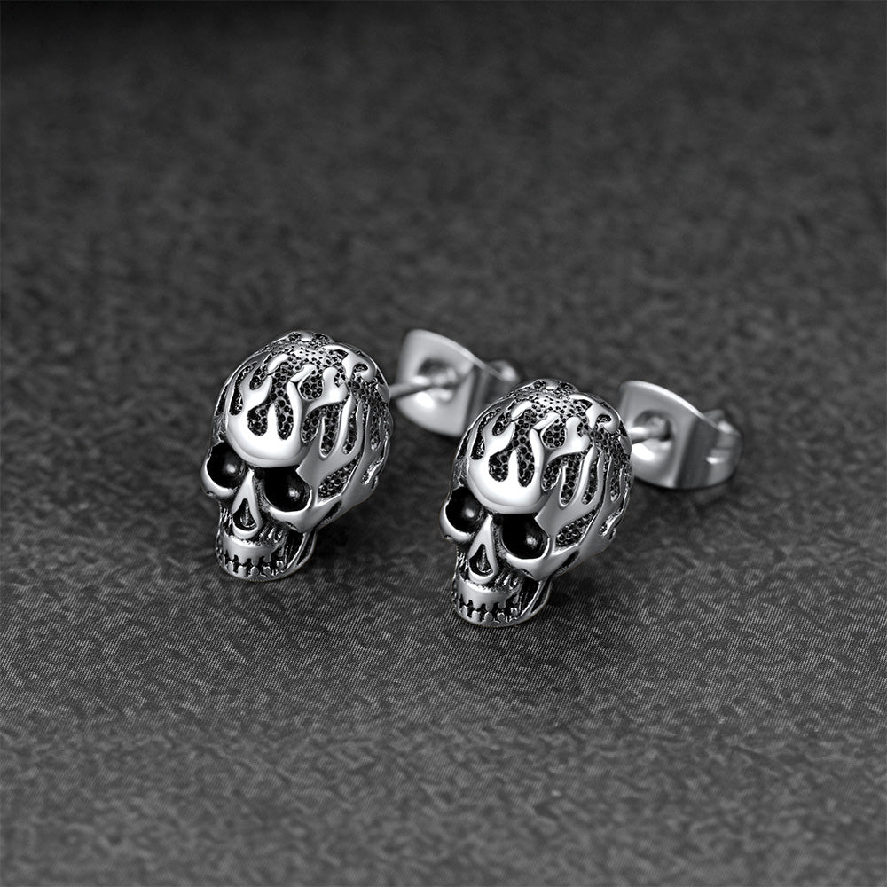 Gothic Flaming Skull Stud Earrings For Men