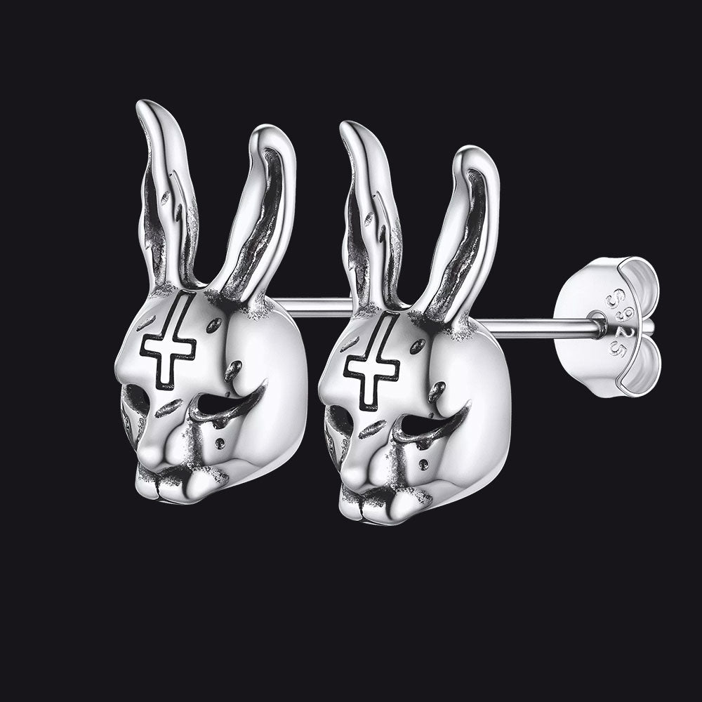 Halloween Silver Evil Bunny Stud Earrings For Men