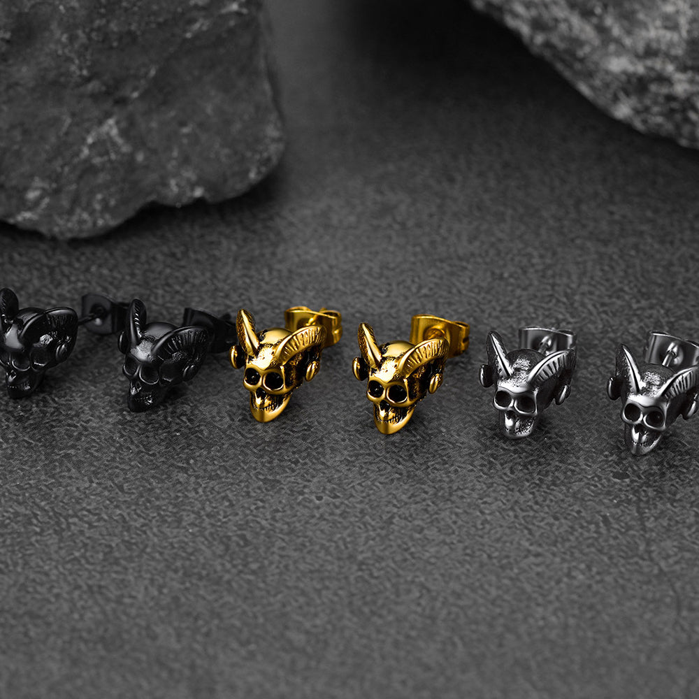 Satanic Baphomet Goat Skull Head Stud Earrings For Men