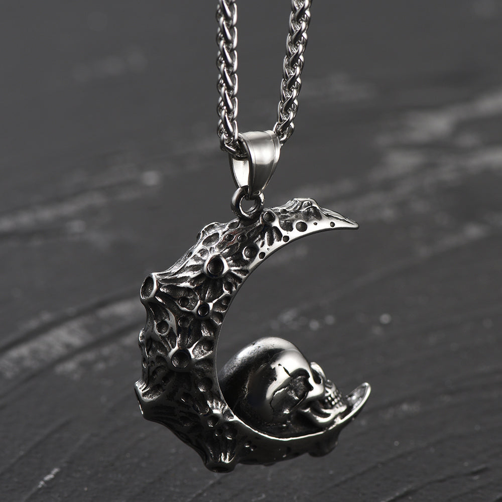 Gothic Crescent Moon Skull Necklace for Men
