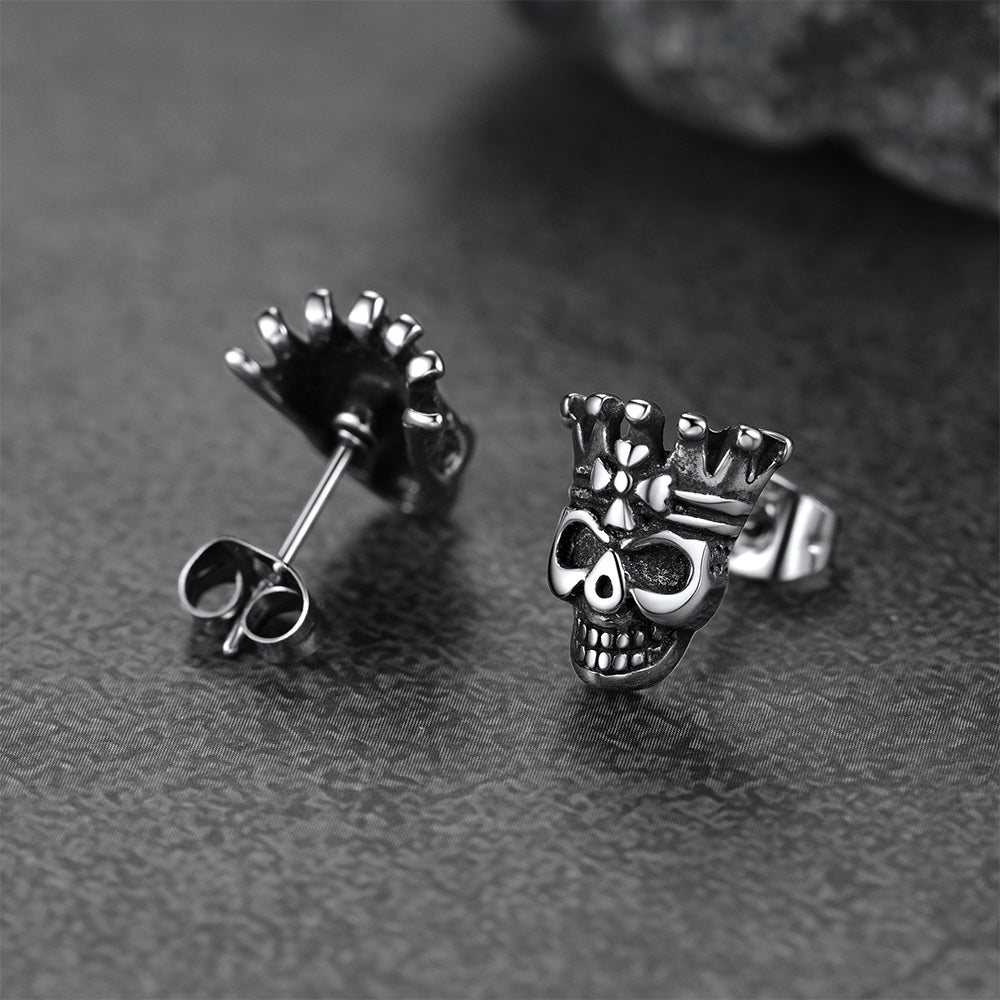 Punk Crown Skull Stud Earrings for Men Halloween Gift