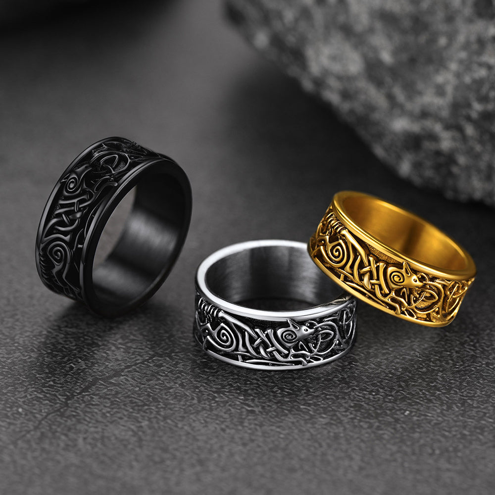 Norse Viking Celtic Wolf Ring Band For Men