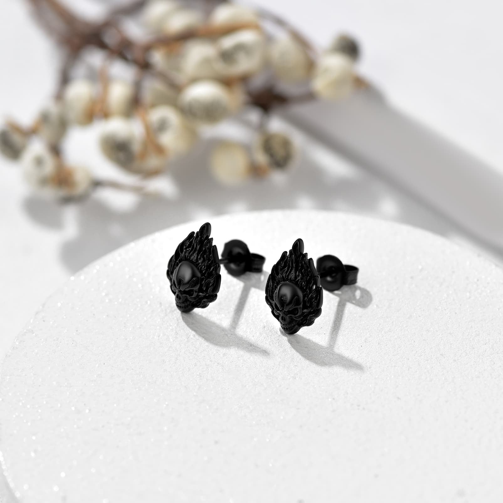 Flame Skull Stud Earrings For Men