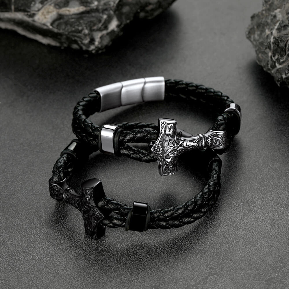 Viking Thor's Hammer Mjolnir Braided Leather Bracelet Gift For Men