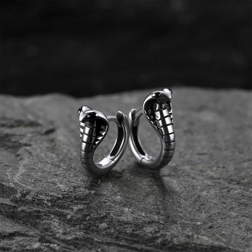Sterling Silver Cobra Snake Huggie Hoop Earrings for Men