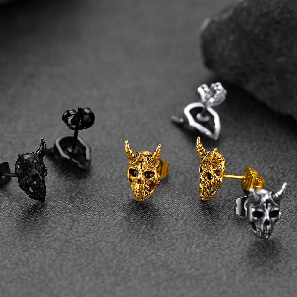 Satanic Goat Skull Stud Earrings For Men