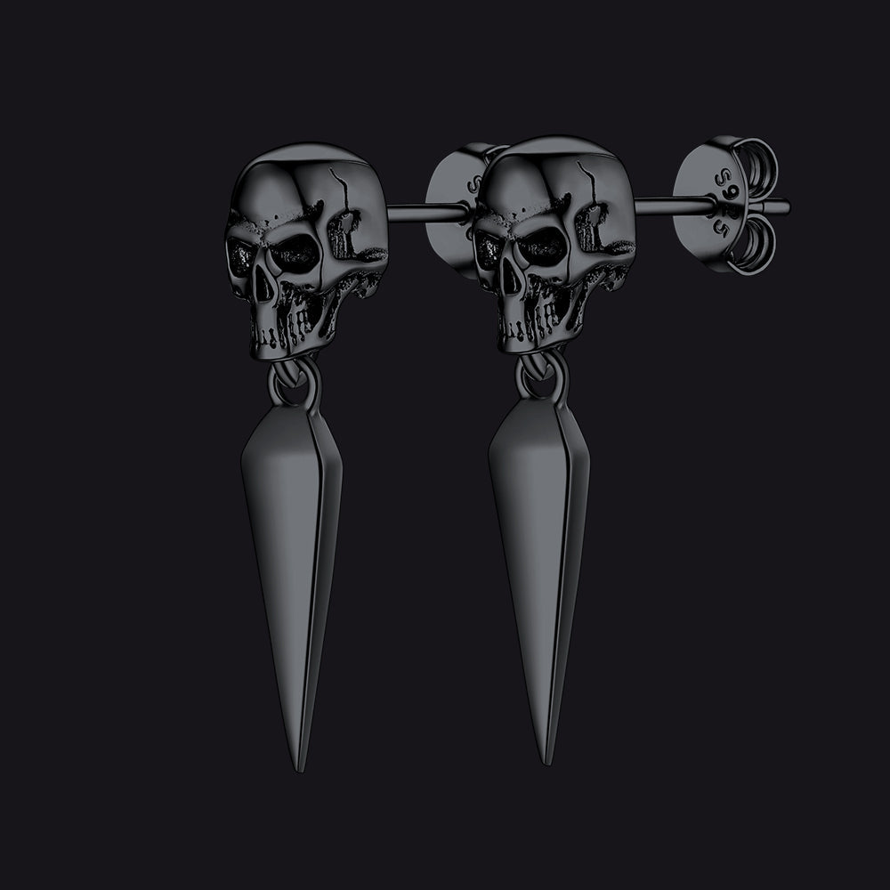 Sterling Silver Gothic Skull Dangle Stud Earrings For Men