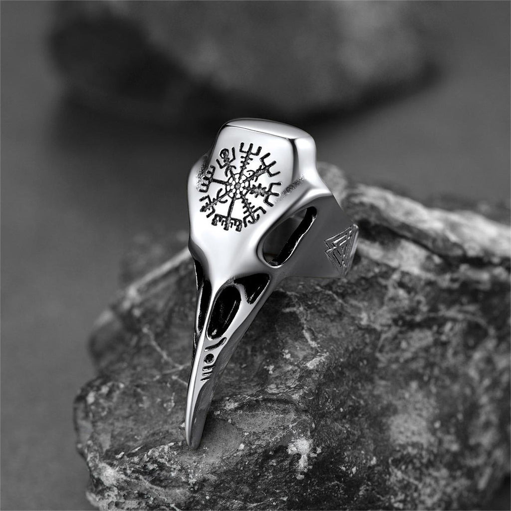 Raven Skull Ring With Viking Compass For Men