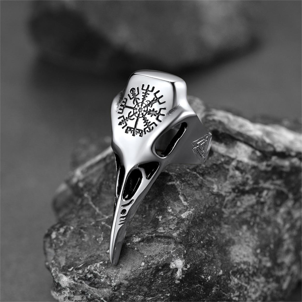 Raven Skull Ring With Viking Compass For Men