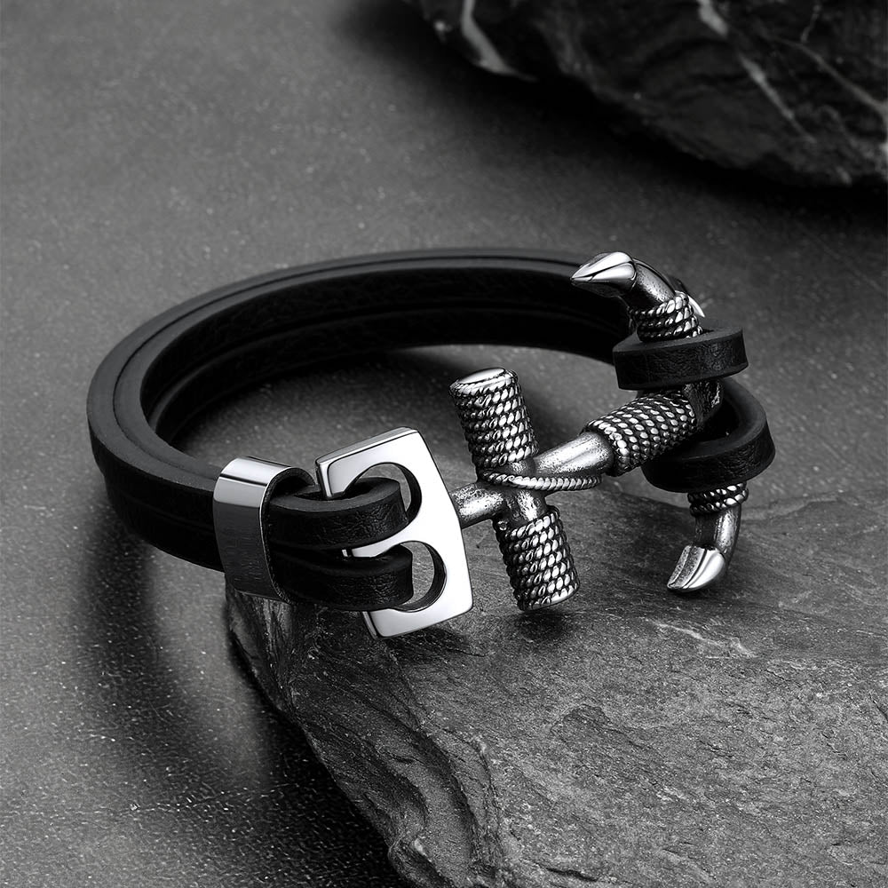 Viking Stainless Steel Anchor Black Leather Bracelet for Men