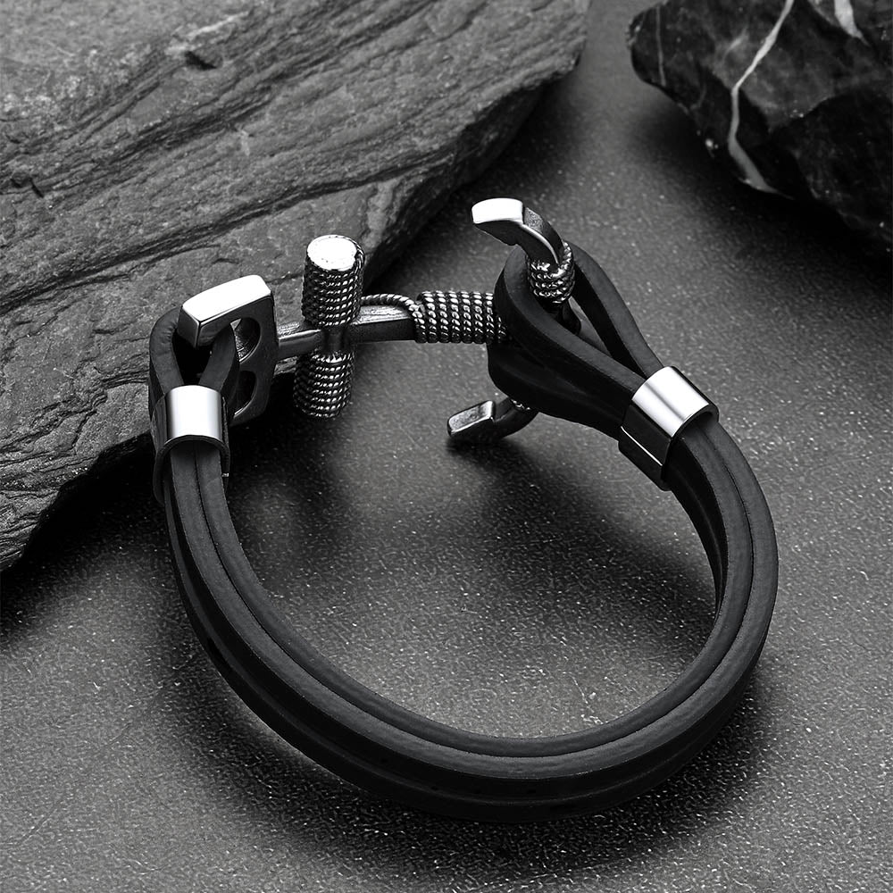 Viking Stainless Steel Anchor Black Leather Bracelet for Men