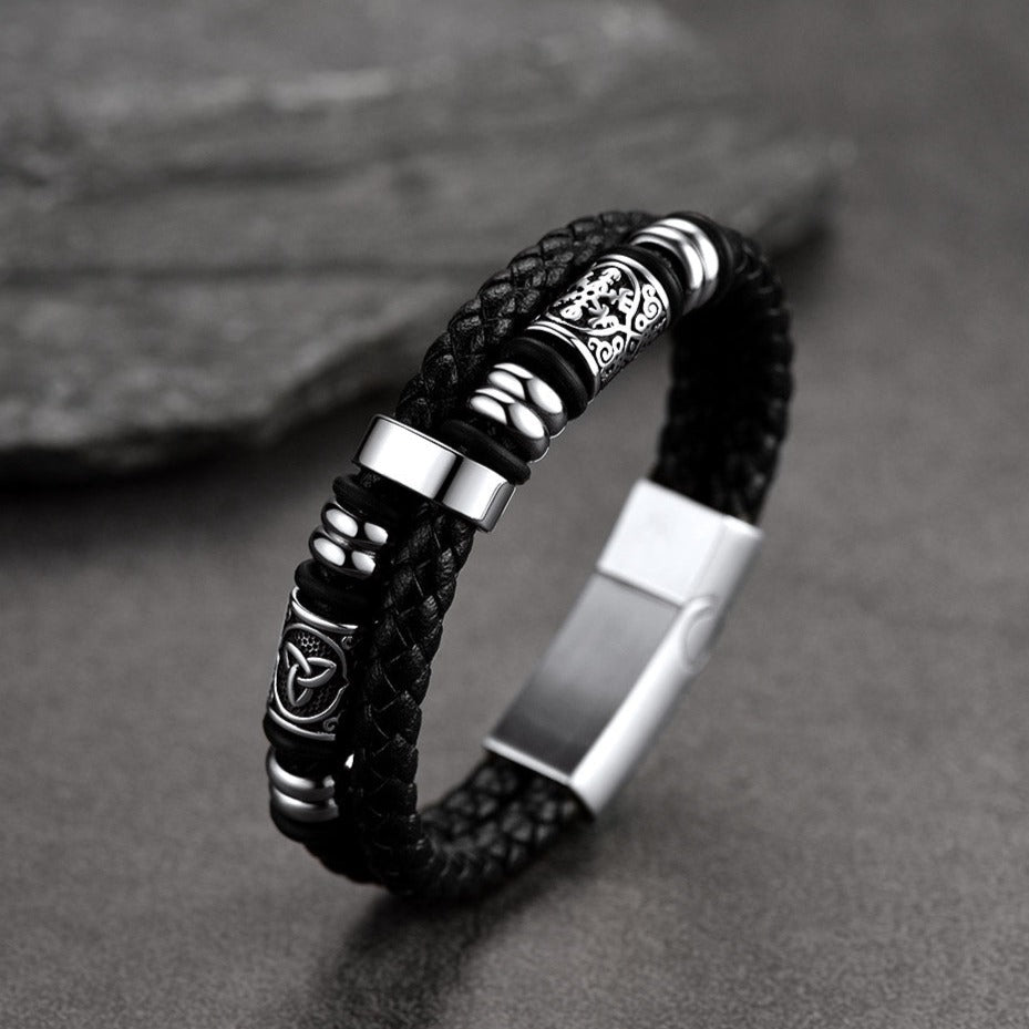 Viking Black Engraved Leather Braided Wristband Bracelet for Men