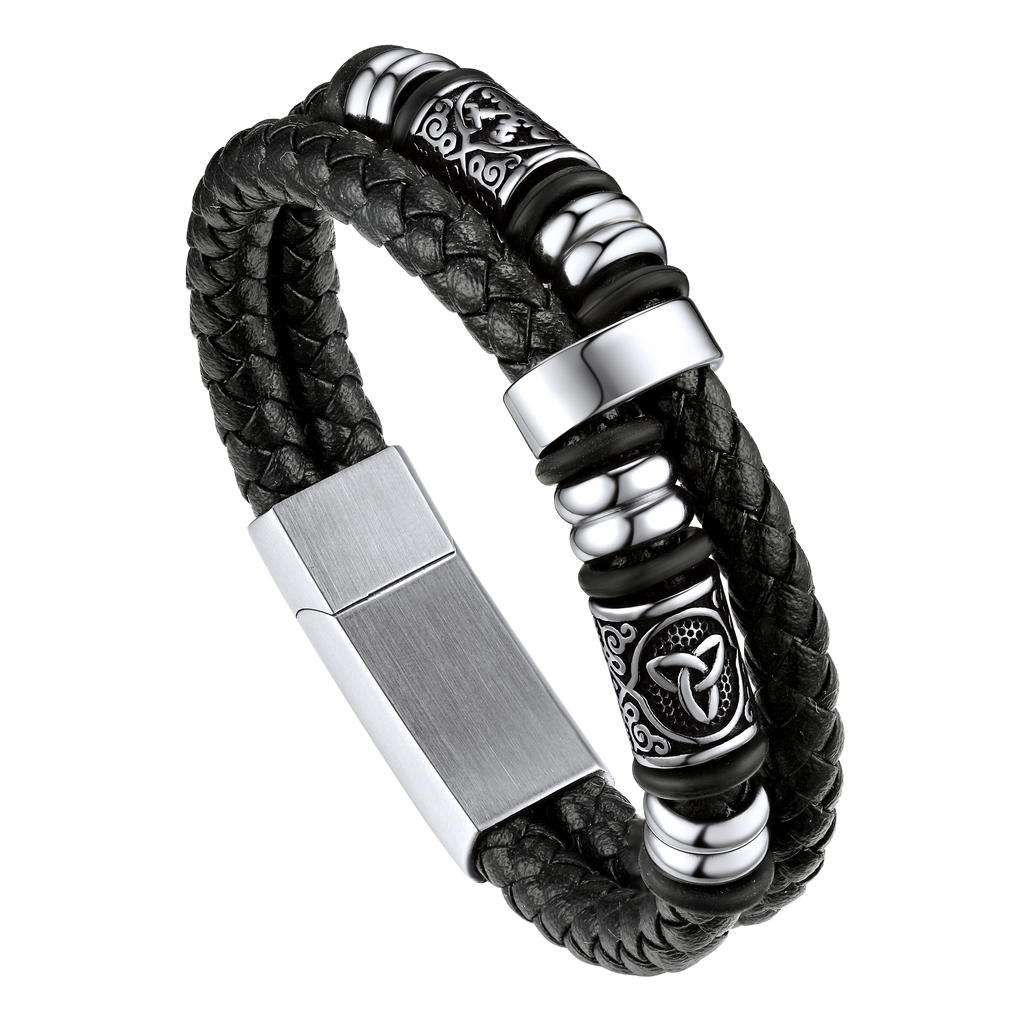 Viking Black Engraved Leather Braided Wristband Bracelet for Men