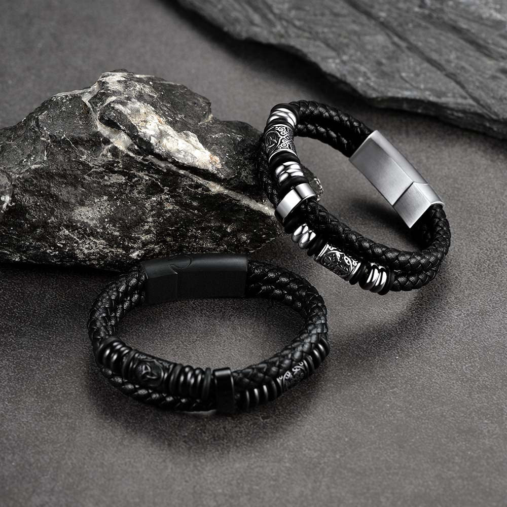 Viking Black Engraved Leather Braided Wristband Bracelet for Men