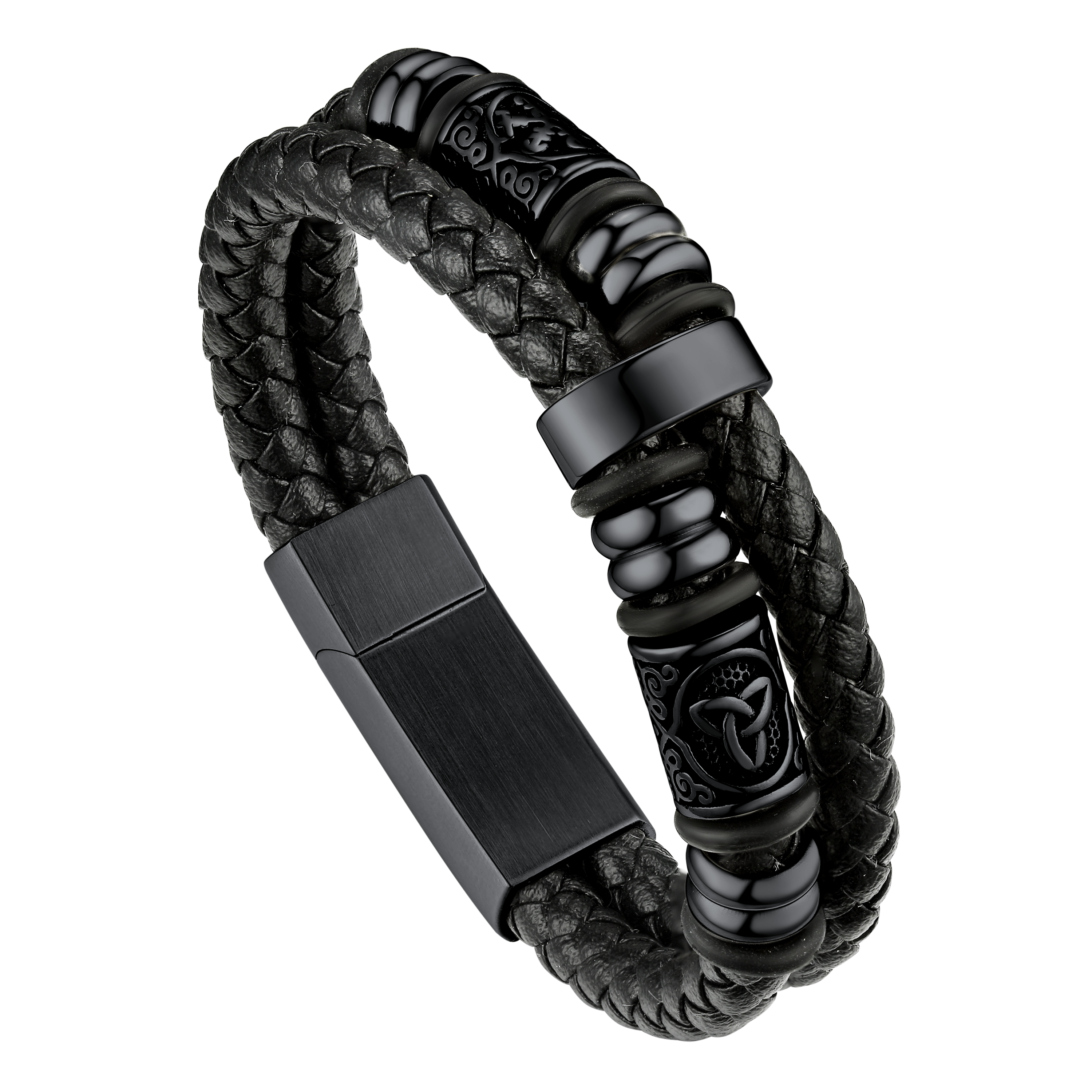 Viking Black Engraved Leather Braided Wristband Bracelet for Men