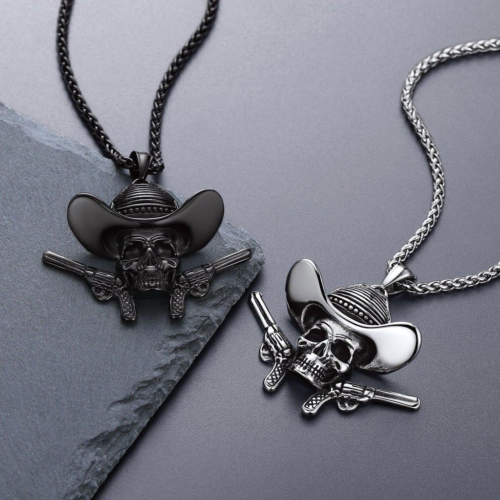 Gothic Cowboy Skull Pendant Necklace for Men
