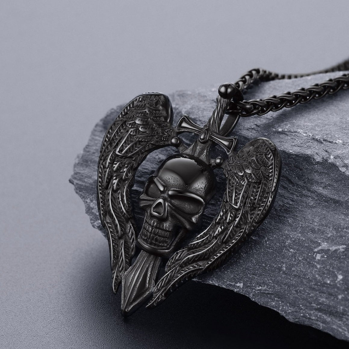 Gothic Sword Wings Skull Pendant Necklace for Men