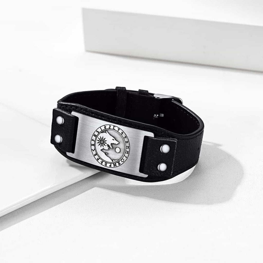 Viking Nordic Wolf Black Leather Bracelet Wristband for Men