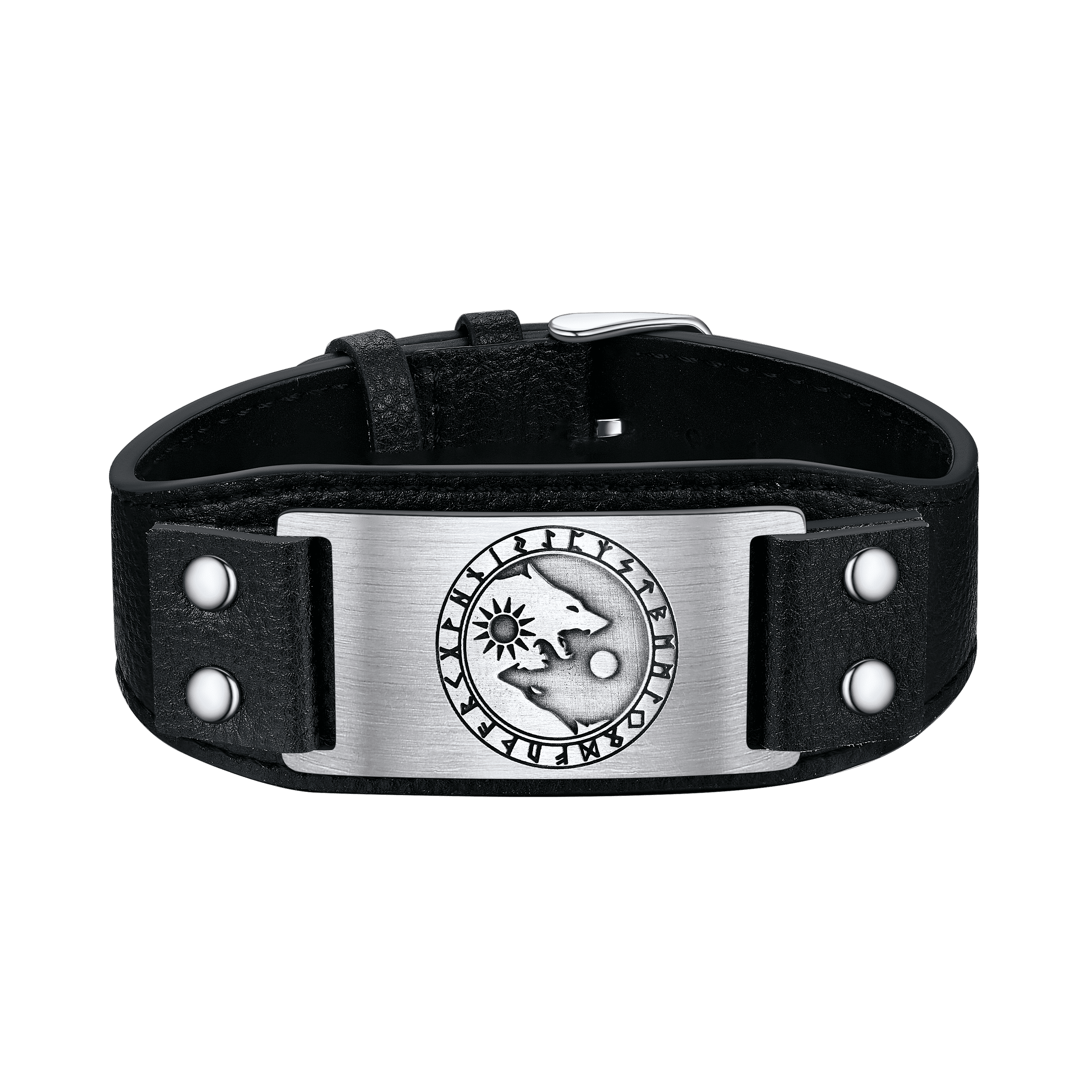 Viking Nordic Wolf Black Leather Bracelet Wristband for Men