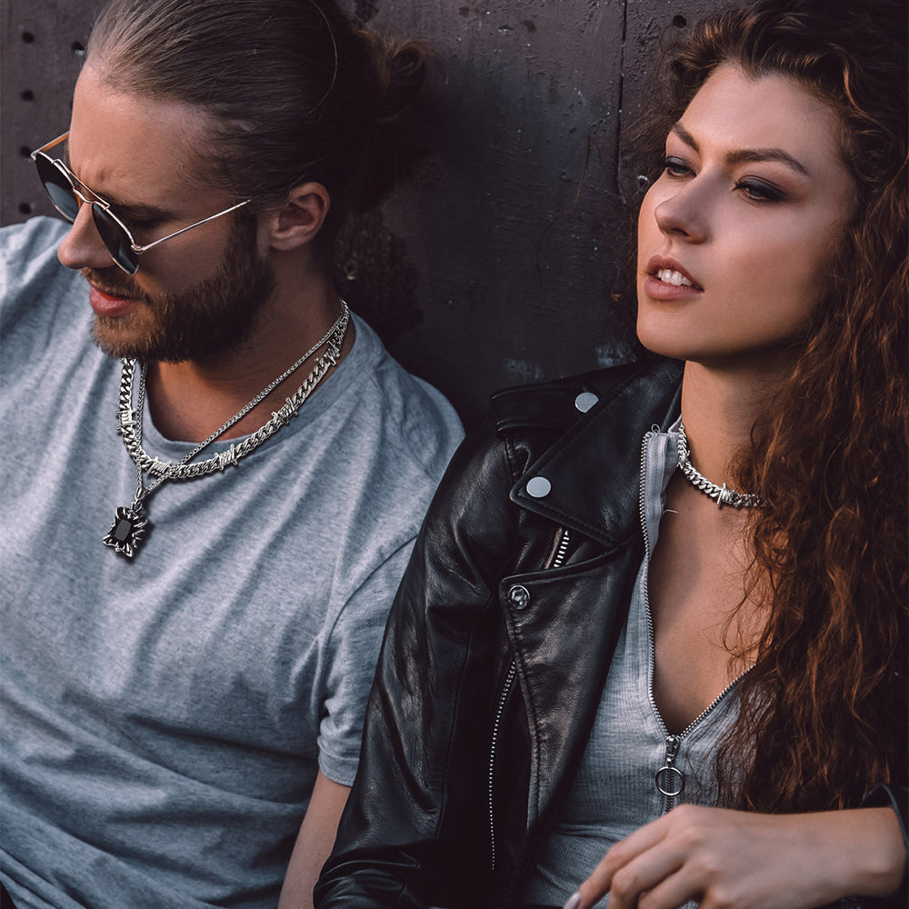 Barbed Wire Cuban Link Chain Choker Necklace for Men Women