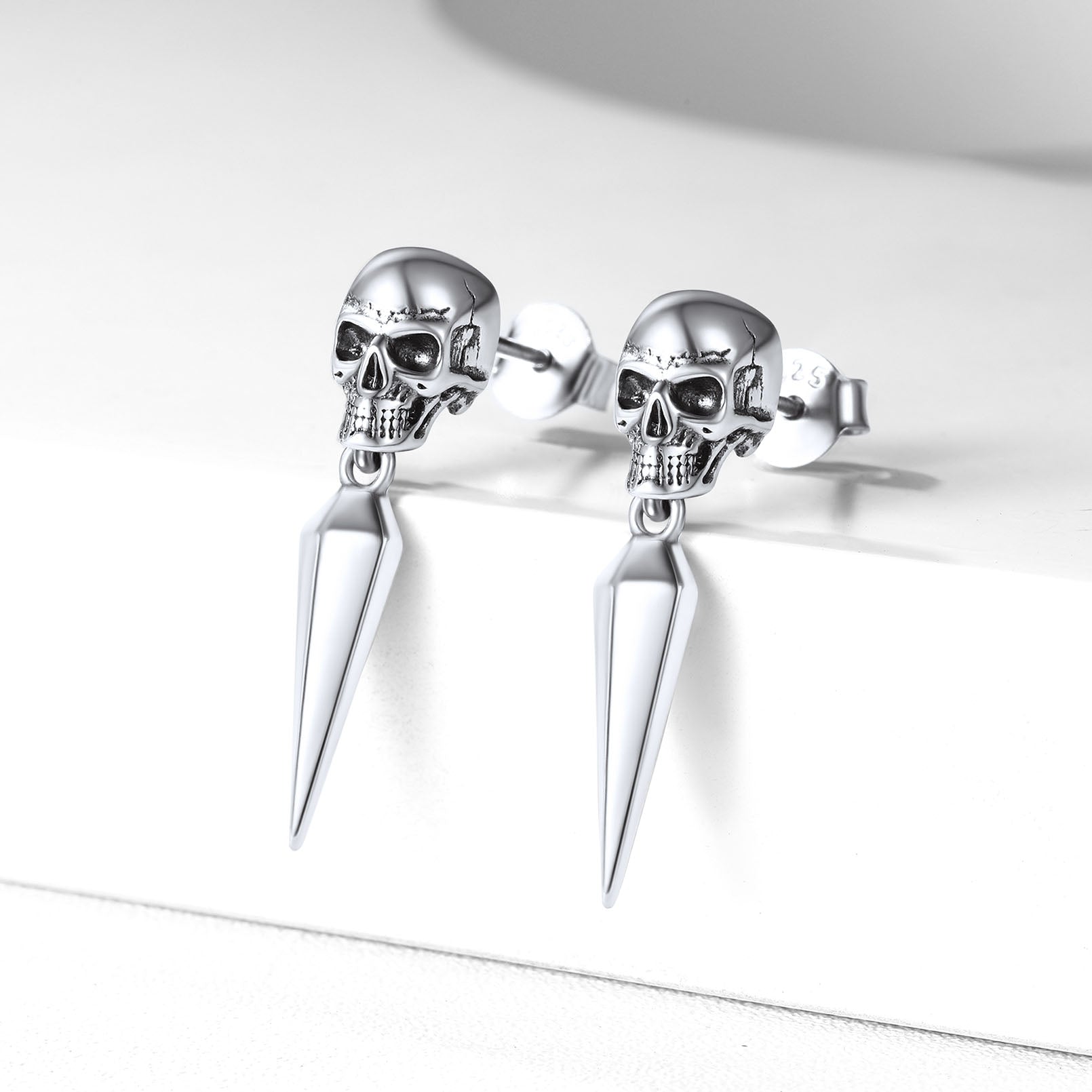 Sterling Silver Gothic Skull Dangle Stud Earrings For Men