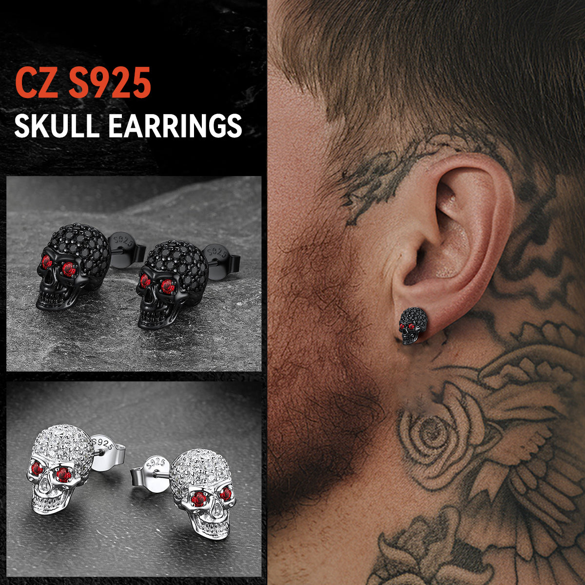 Sterling Silver Gothic Skull Diamond Stud Earrings For Men