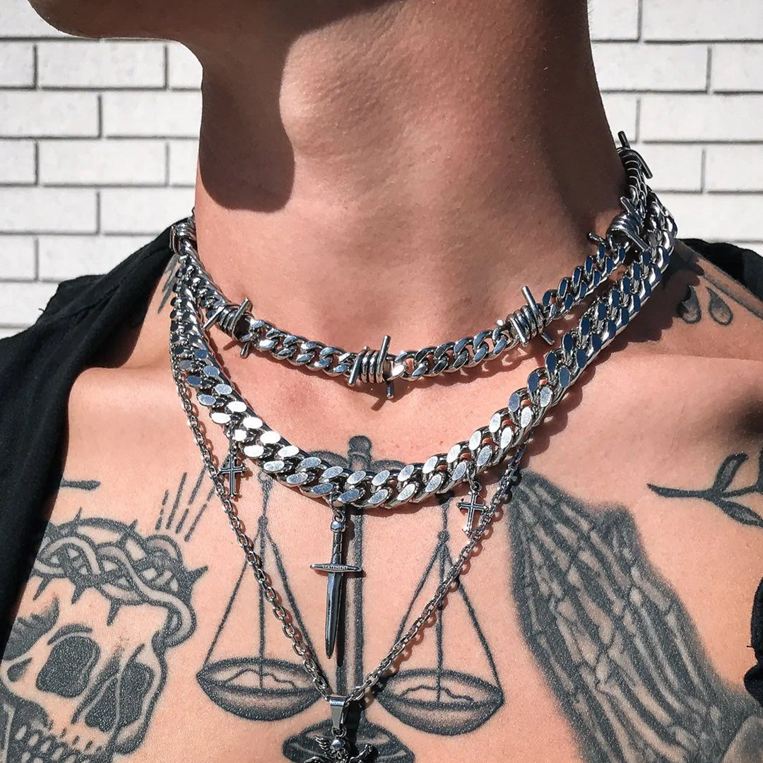 Barbed Wire Cuban Link Chain Choker Necklace for Men Women
