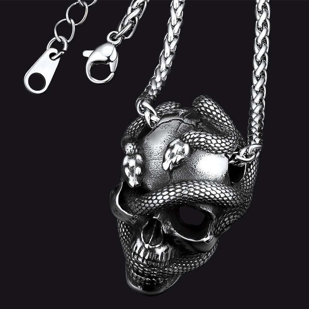 Gothic Snake Skull Pendant Necklace for Men
