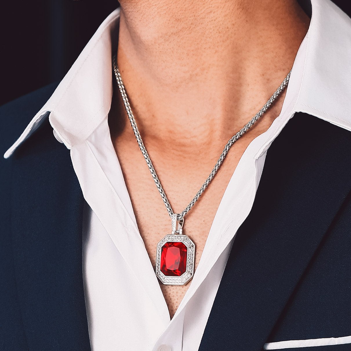 Cubic Zirconia Gemstone Crystal Dog Tag Necklace for Men