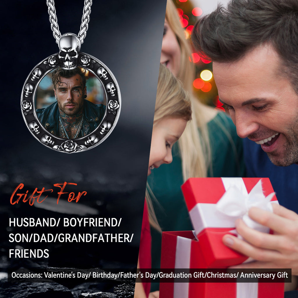Customized Engraved Photo Necklace with Skull for Men Women