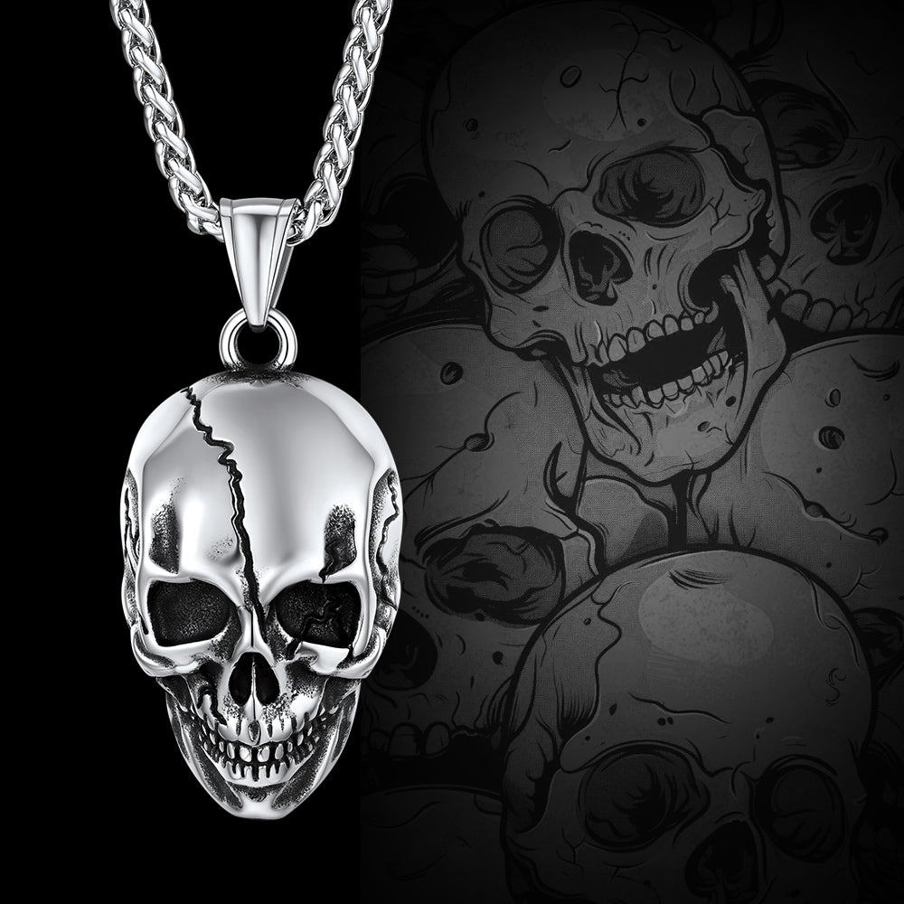 Gothic Skull Necklace with Fissured Skeleton Head for Men