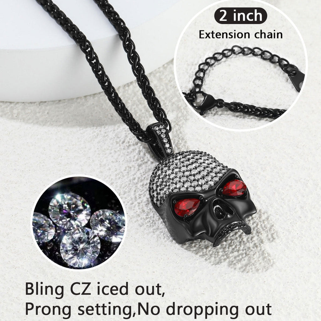 Halloween Gothic Skull Diamond Necklace With Red Eye For Men