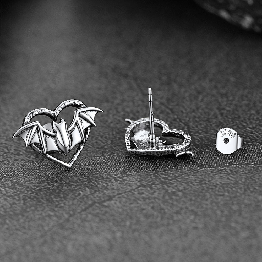 Halloween Bat Heart Stud Earrings for Women in Sterling Silver