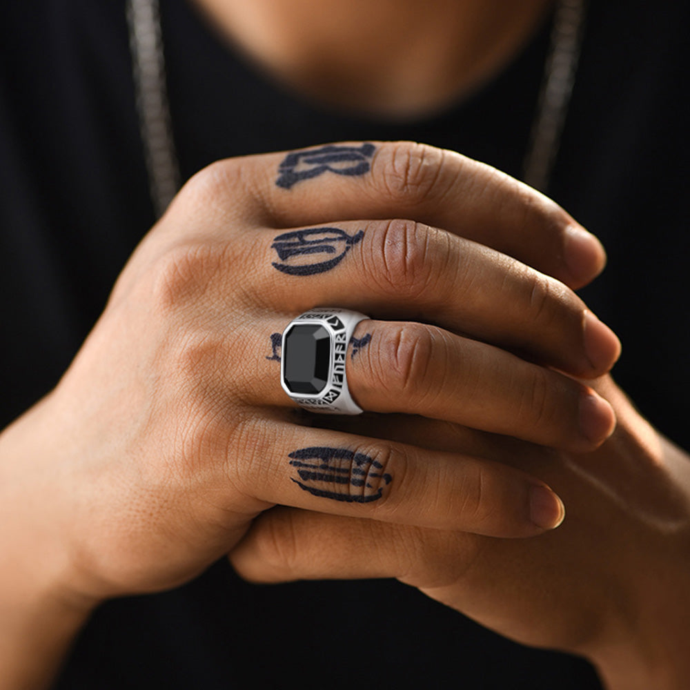 Customized Black Onyx Ring with Viking Runes for Men