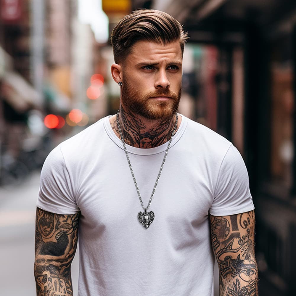 Gothic Sword Wings Skull Pendant Necklace for Men