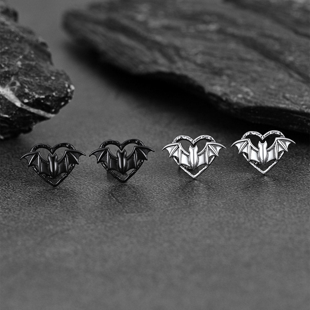 Halloween Bat Heart Stud Earrings for Women in Sterling Silver