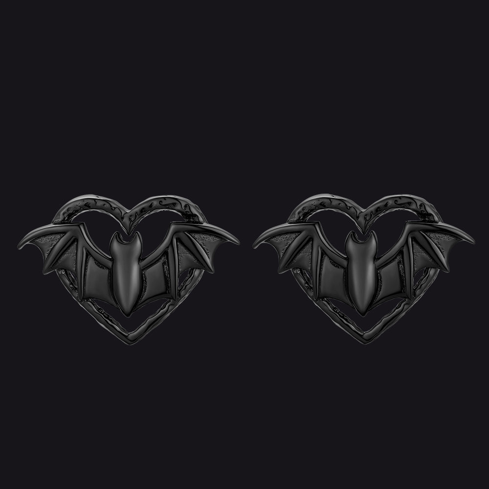 Halloween Bat Heart Stud Earrings for Women in Sterling Silver
