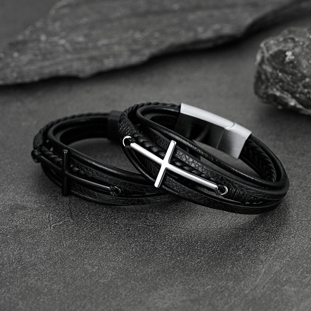 Viking Black Engraved Leather Braided Wristband Bracelet for Men