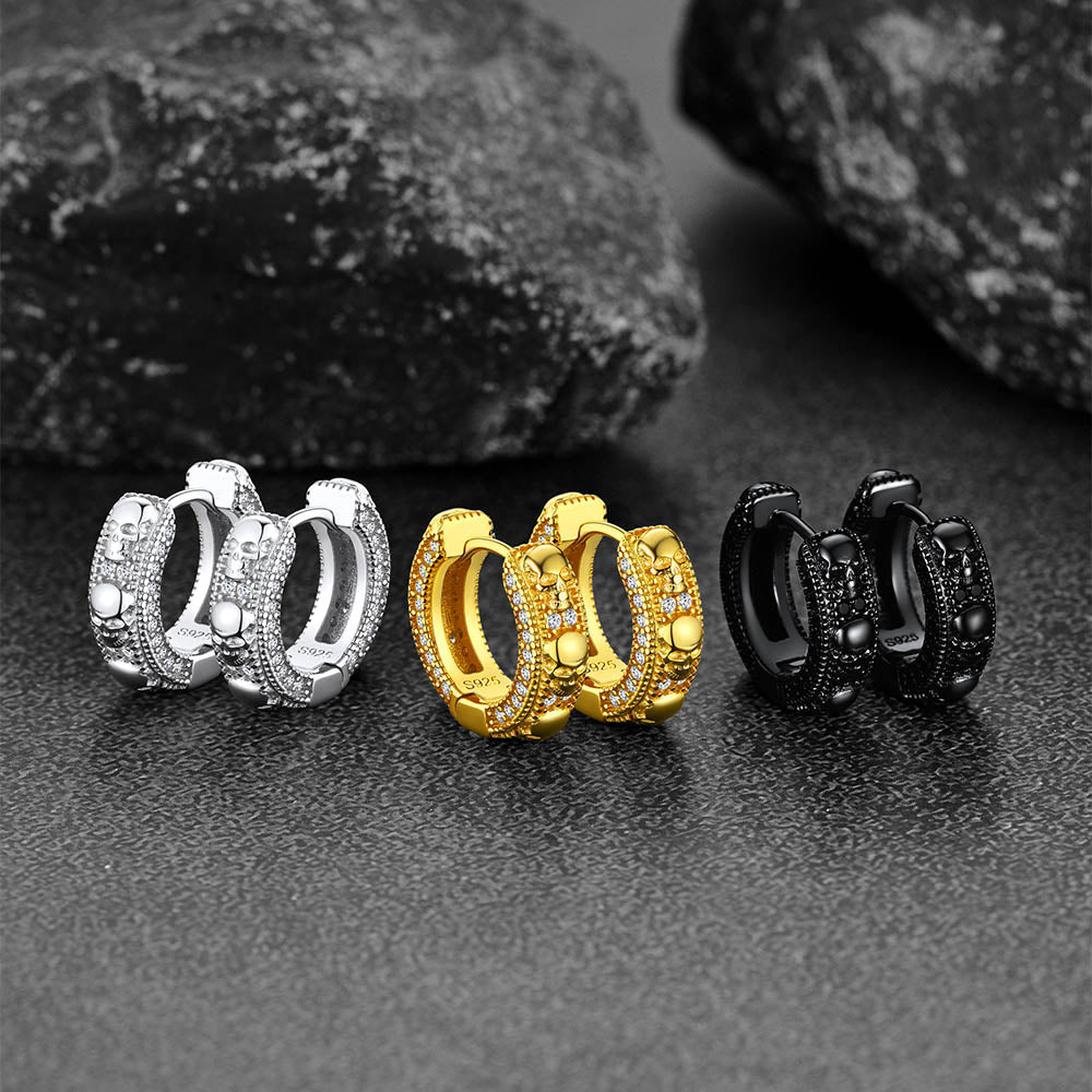 Cubic Zirconia Skull Huggie Hoop Earrings For Men