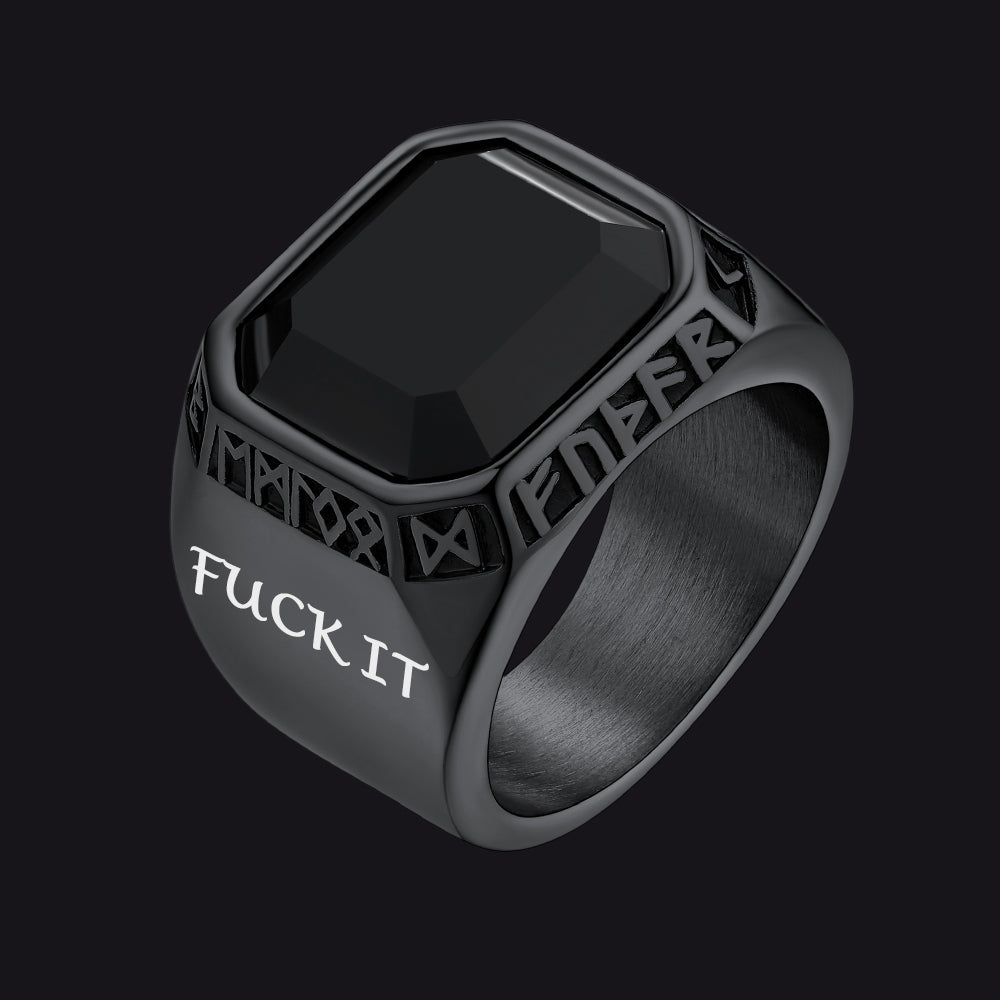 F*ck it Black Onyx Ring with Viking Runes for Men