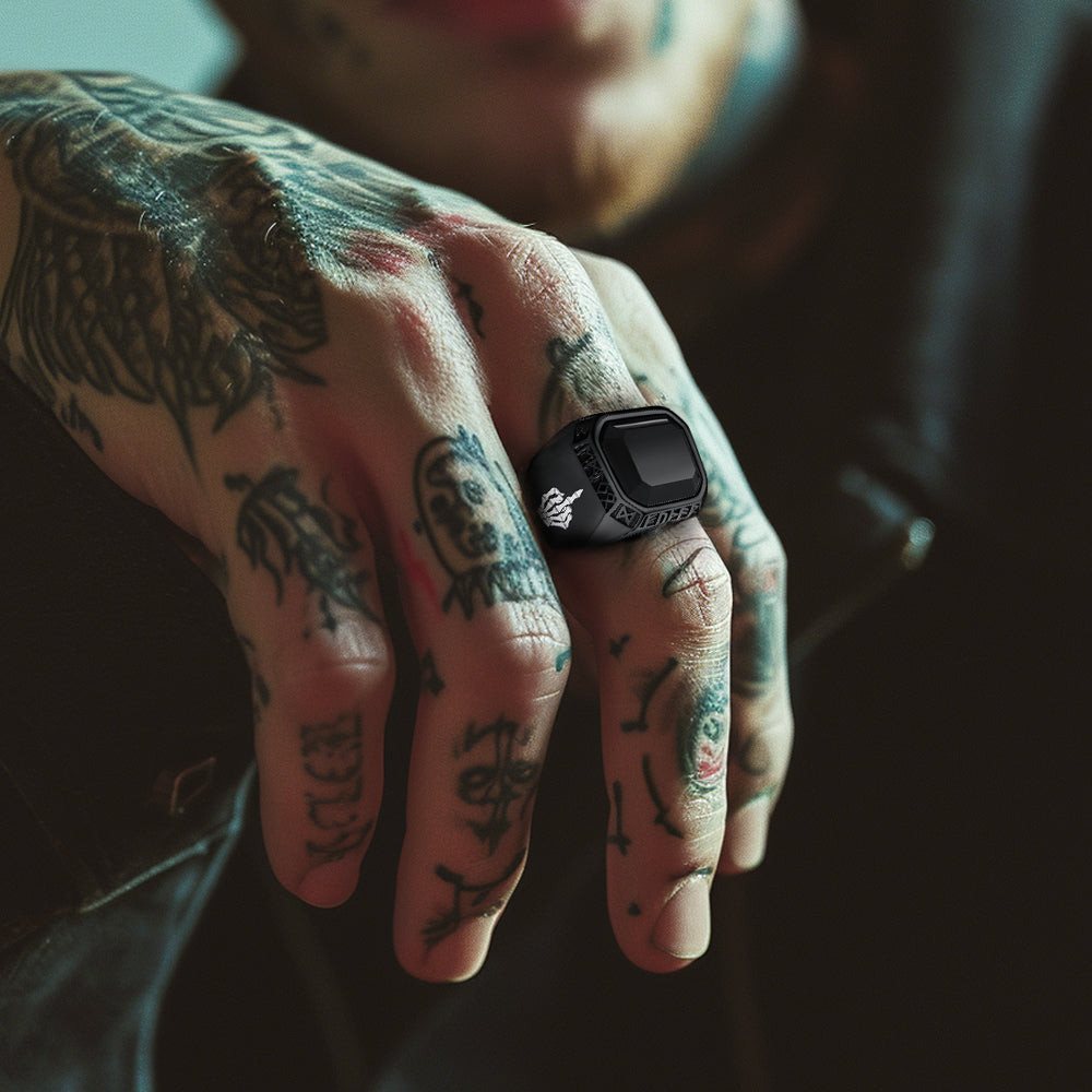 F*ck it Black Onyx Ring with Viking Runes for Men