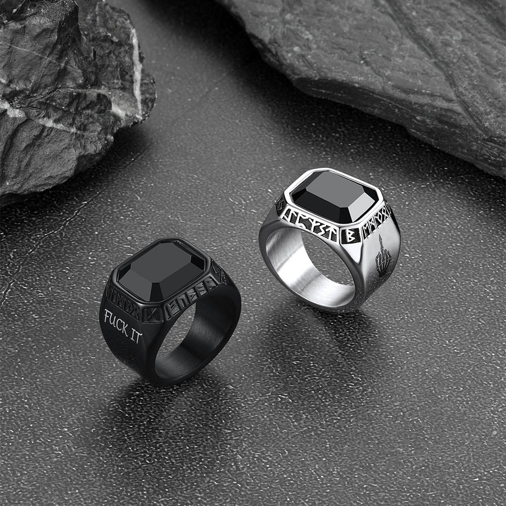 F*ck it Black Onyx Ring with Viking Runes for Men